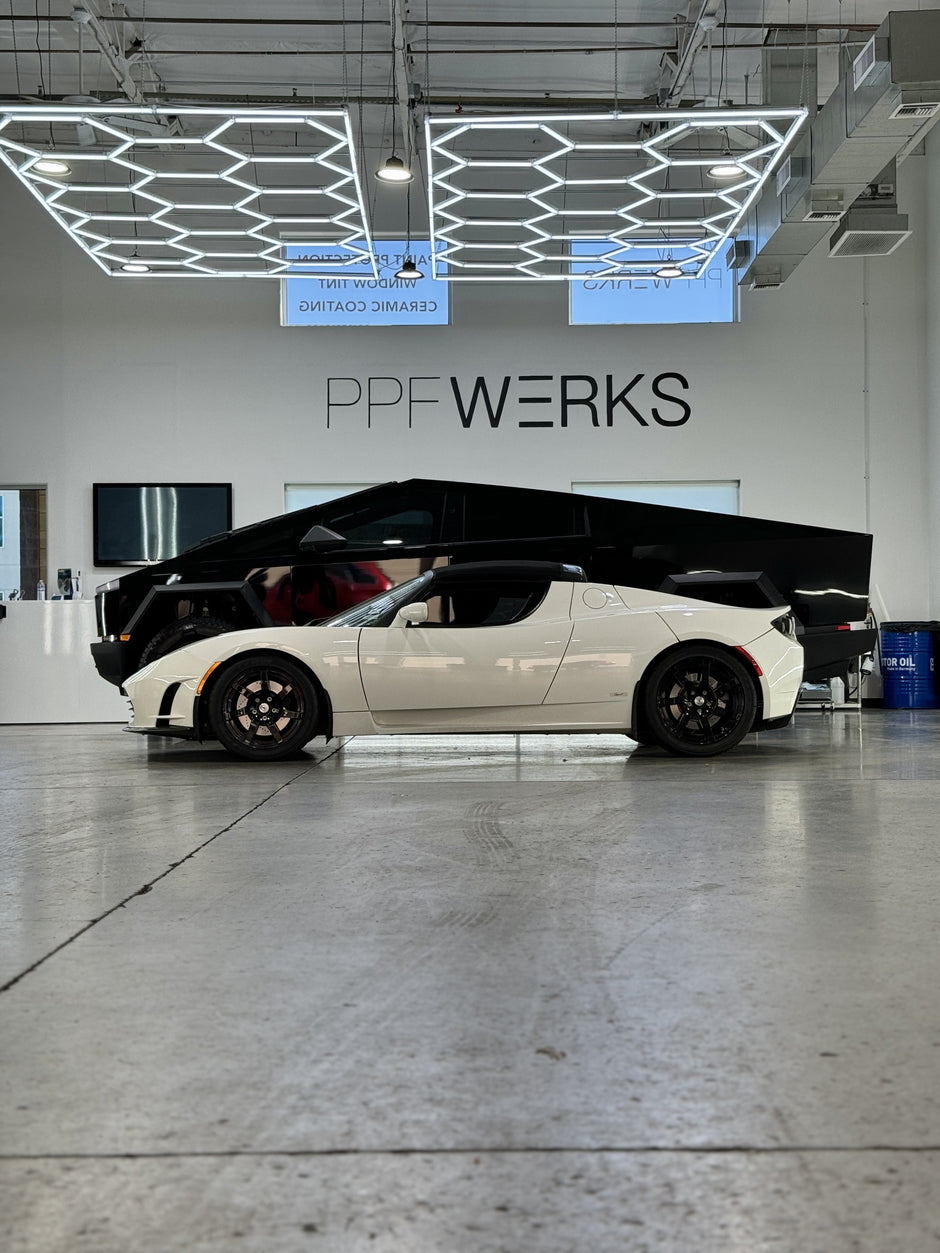 Cybertruck and Tesla roadster side by side