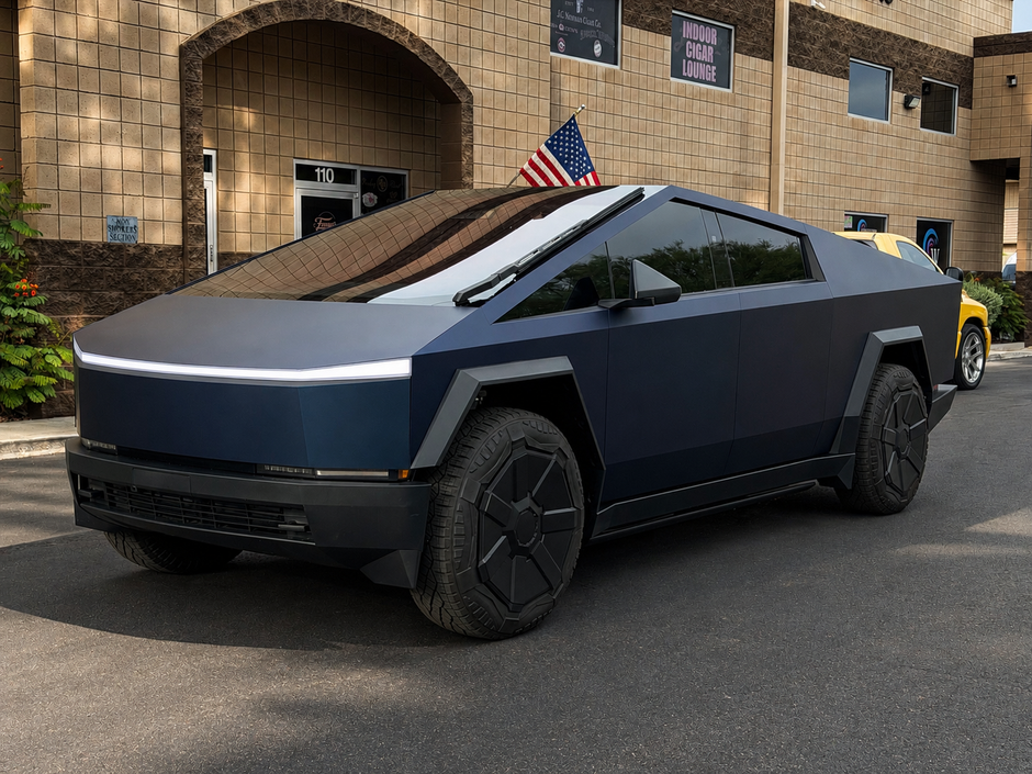 <img src="Cybertruck colored ppf" alt="2026 Tesla Cybertruck in PPF shop" />