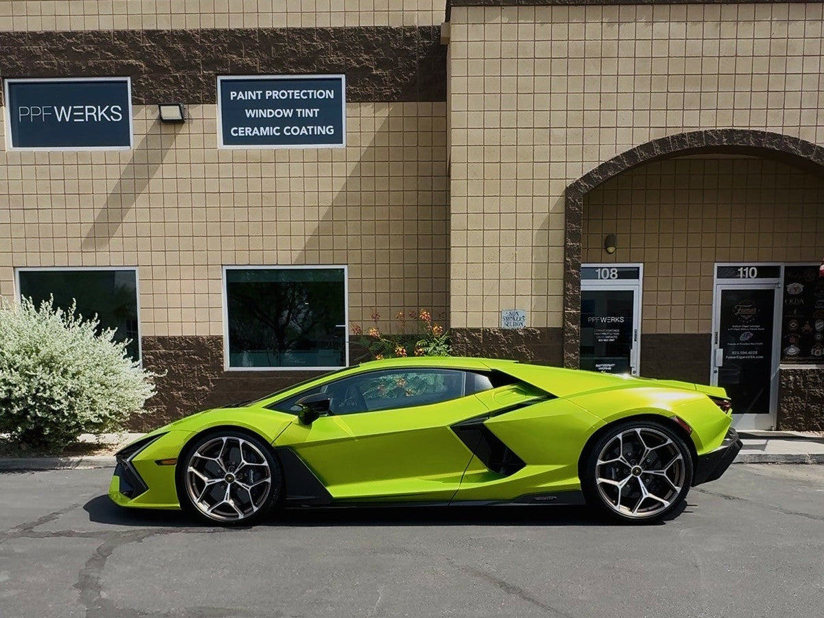 Green Lamborghini in front of PPFWERKS building